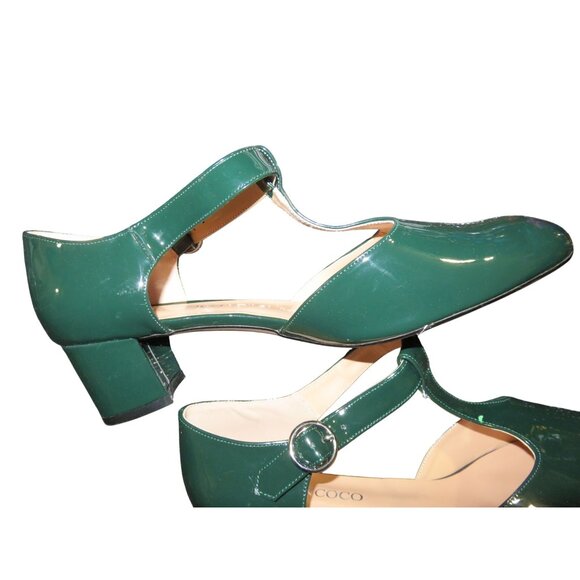 SOLD MODENCOCO Round Toe Green Patent Leather Buckle T Strap Chunky Heel 13 - Picture 6 of 10